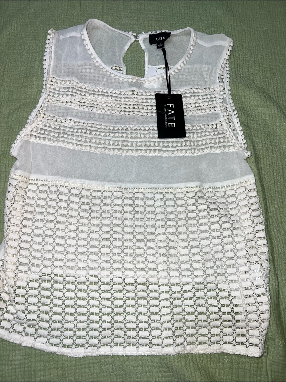Fate White Crochet-Trim Chiffon Sleeveless Top